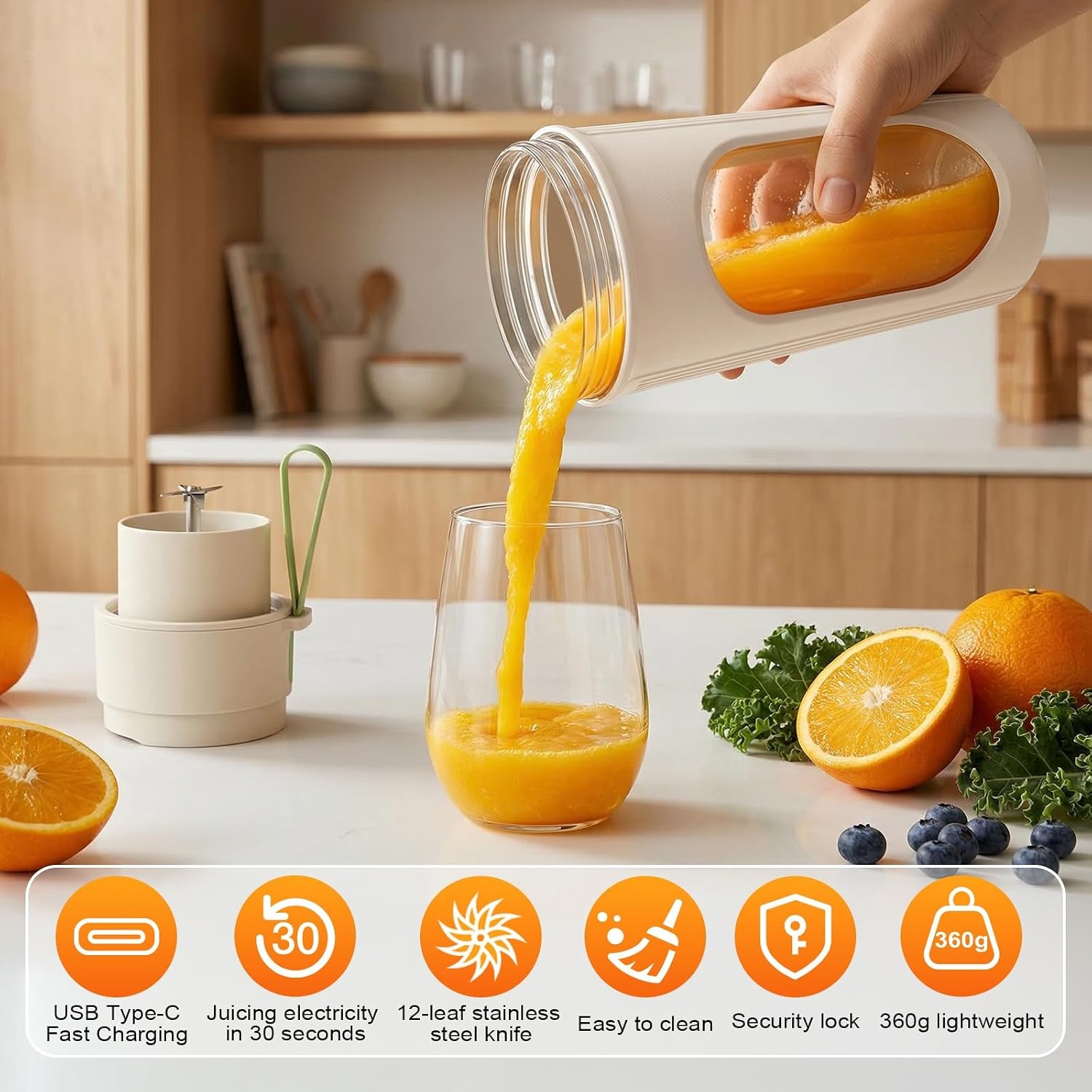 Mixeur Portable 450Ml Pour Smoothies, Mini Mixeur Puissant Avec 12 Lames En Acier Inoxydable, Couvercle Anti-Fuite Et Rechargeable Par Type-C, Léger, Sans BPA - Orange