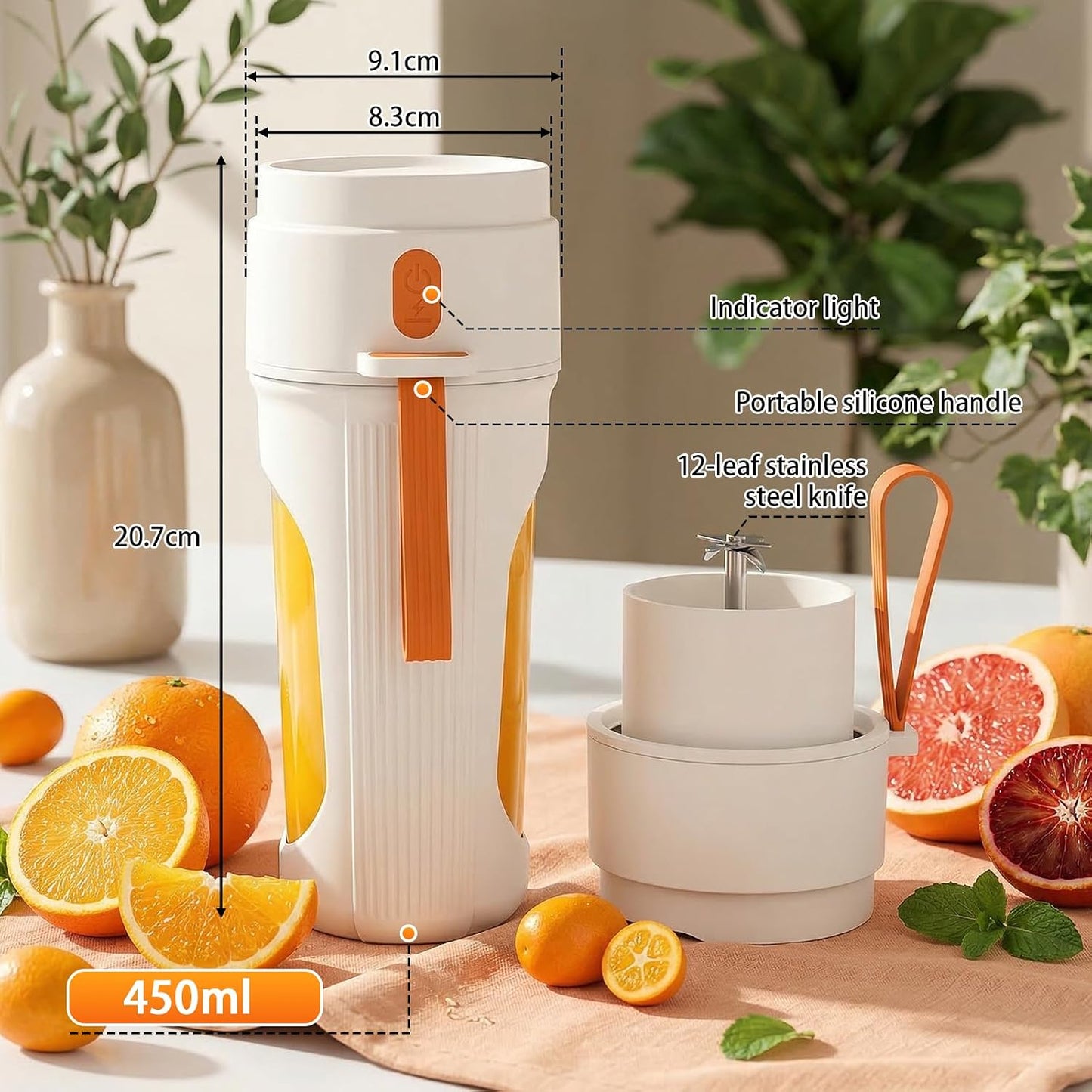 Mixeur Portable 450Ml Pour Smoothies, Mini Mixeur Puissant Avec 12 Lames En Acier Inoxydable, Couvercle Anti-Fuite Et Rechargeable Par Type-C, Léger, Sans BPA - Orange