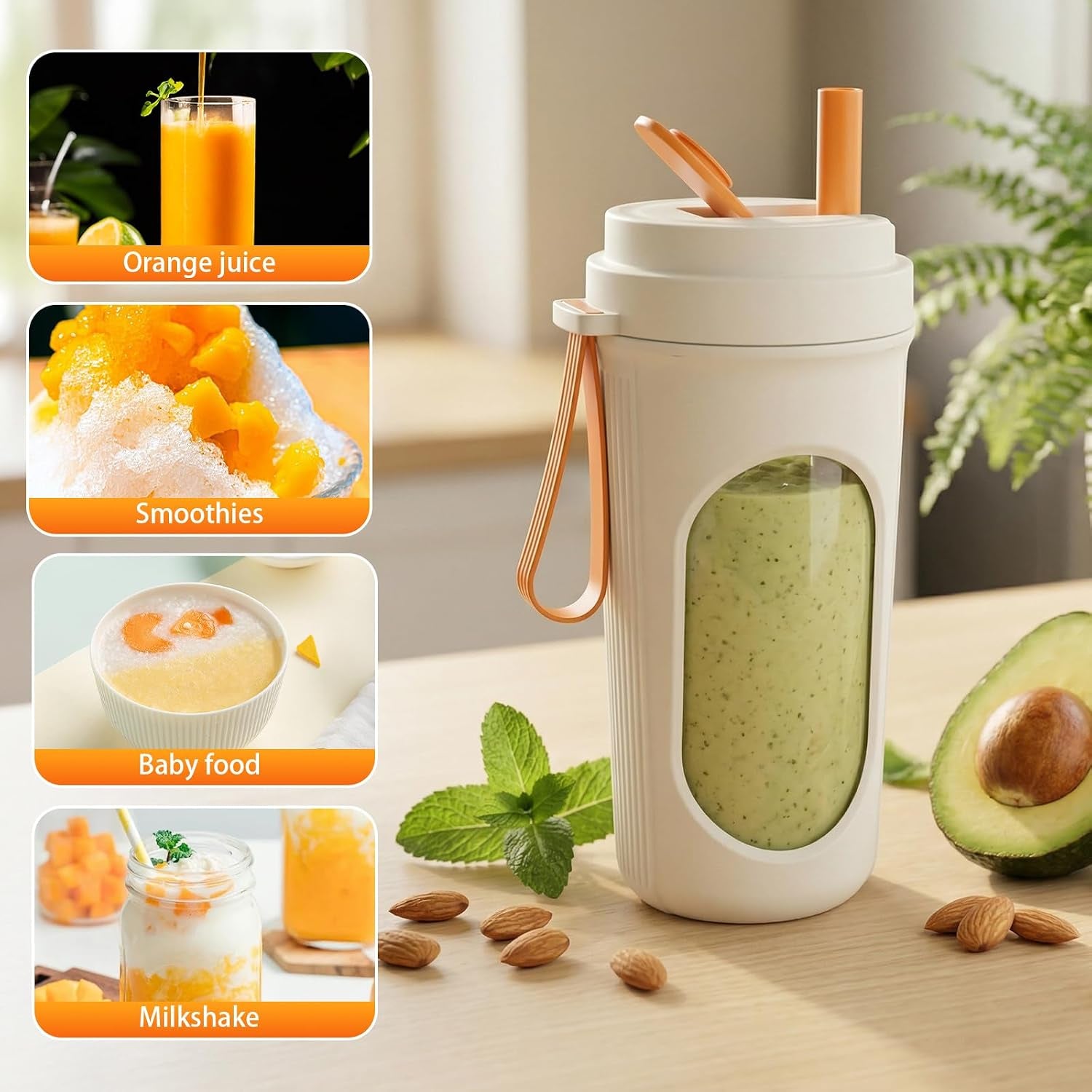 Mixeur Portable 450Ml Pour Smoothies, Mini Mixeur Puissant Avec 12 Lames En Acier Inoxydable, Couvercle Anti-Fuite Et Rechargeable Par Type-C, Léger, Sans BPA - Orange